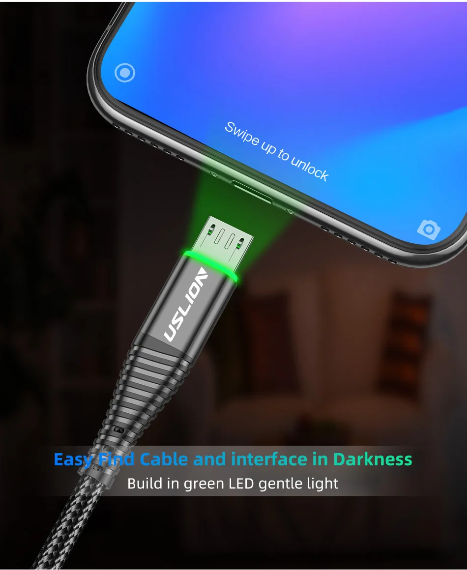 USLION 3A Fast Charging 2M Green LED illuminated Micro USB Charging Cable Data Cable For Android Mobile Phone - ANKUX.COM