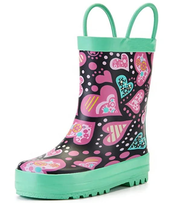 Waterproof Printed Rain Boot with Easy Pull on Handles