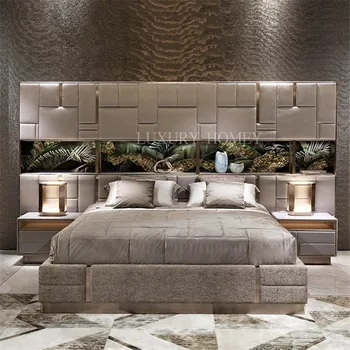 Italian Luxury Design Bedroom Set Modern Wooden Furniture Upholstered Bed Double Bed Leather Headboard King Size Bedroom Set