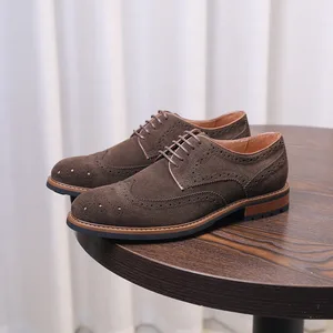 BOARDROOM BOSS 2026  Men's Faux Suede Brogue Oxfords  Vintage Dark Cognac Hand-Stitched Casual Shoes
