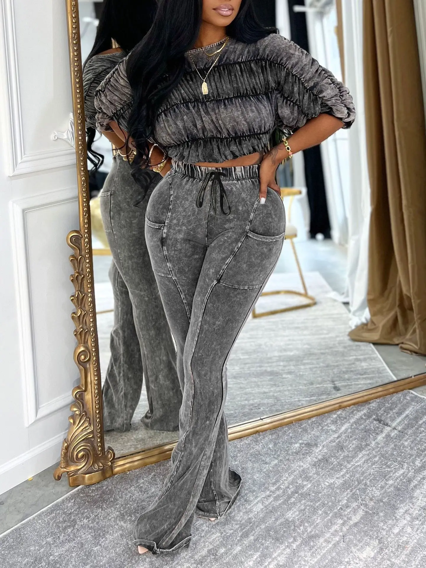 GX334A High Quality 2025 Fall Street Wear Women Clothing Boutique Long Sleeve Color Patchwork Top and Flare Pant 2 Piece Set GX334A High Quality 2025 Fall Street Wear Women Clothing Boutique Long Sleeve Color Patchwork Top and Flare Pant 2 Piece Set