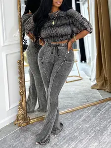 GX334A High Quality 2026 Fall Street Wear Women Clothing Boutique Long Sleeve Color Patchwork Top and Flare Pant 2 Piece Set