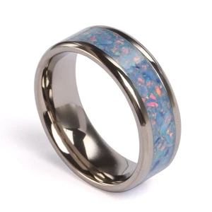 Men Custom Titanium Ring Stainless Steel Beautiful Purple Crushed Opal Rings With Clear Epoxy Titanium Mens Wedding Bands
