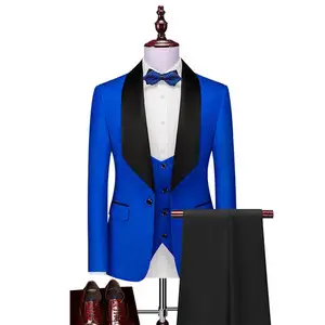Men's Groom Wedding Tuxedo Suit Blue Blazer Pleated Lapel 3-Piece Jacket Vest Pants Breathable Anti-Static Windproof Worsted