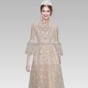 2026S/F Luxury Sexy Beaded Mesh Embroidery Dress Stand Collar Trumpet Sleeve Slim Banquet Dress/ Gorgeous Party Dress Size XS