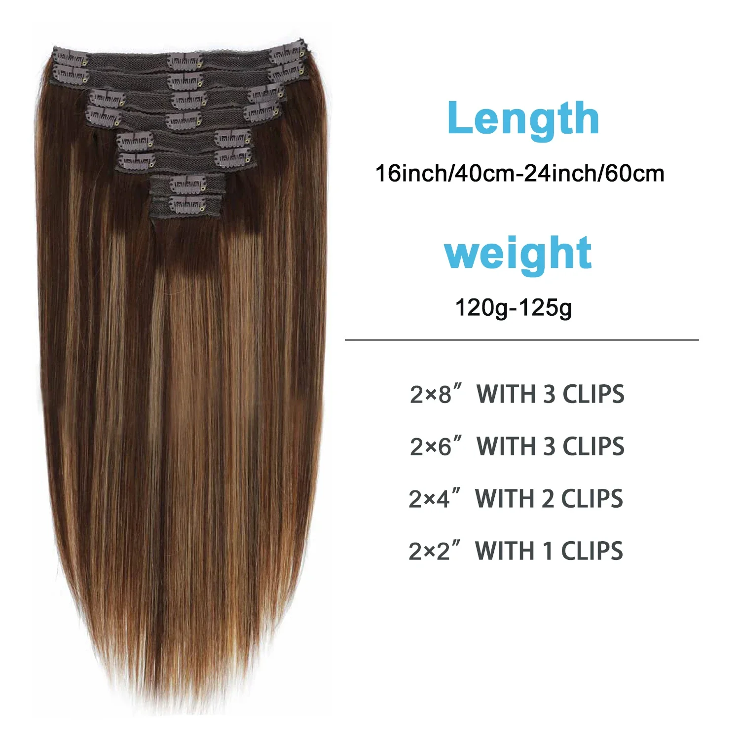 Extensions de cheveux raides à clipser Cheveux humains P4/27 Coiffure Postiche Tête complète Naturel 18 clips_voghion.com