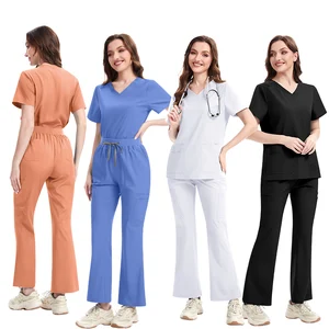 Stretch V-Neck Worsted Fabric Durable Multi-Pocket Medical Scrubs Nurse Top Hospital Scrub Sets Custom Logo Option Unisex