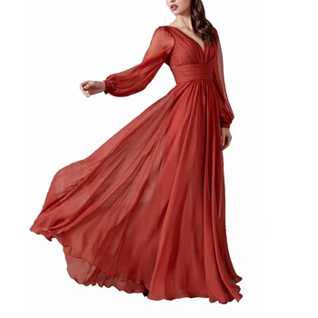 Deep V Cross Neck Satin Party Formal Long Sleeves Pleated Solid Elegant Evening Gown Dress