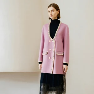 Women's Long Double Breasted Wool Coat High Wool Content Autumn Winter Collection with Double Pocket Woven Fabric Overcoat