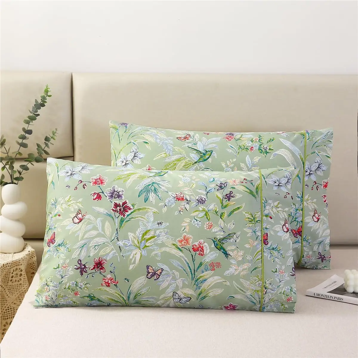 100% Cotton Floral Bed Sheets Set Shabby Flower Bee Print Extra Soft and Breathable Decorative Pillow Cover Green Flowers