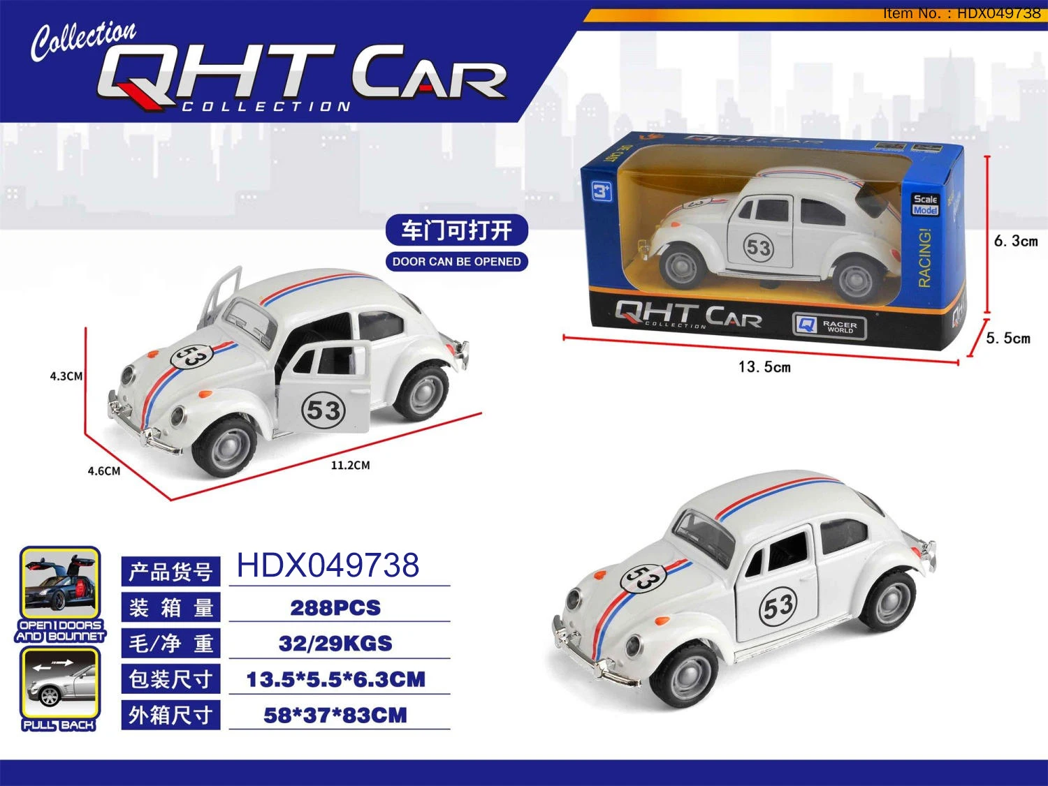 Customized 1:40 Scale Pull-Back Diecast Classic Car Opened Door Alloy Model Beetle Car Toys for Kids