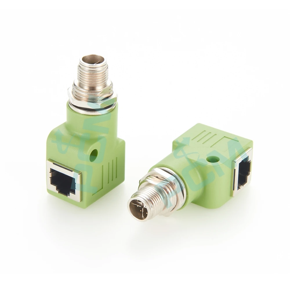 Industrial I/O connectivity M12 X-Code 8Pin to RJ45 Female Right Angle Adapter