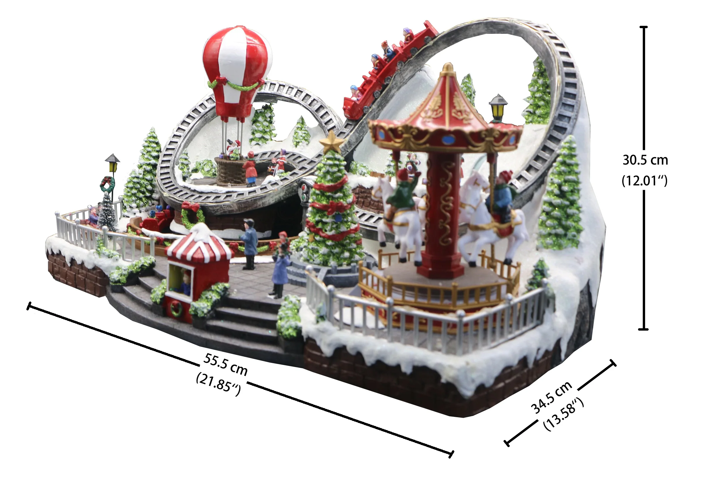 LED Light Moving Christmas Fun Fair Carousel and Hot Balloon Moving Train and Xmas Tree Handmade Sculpture Musical Craft