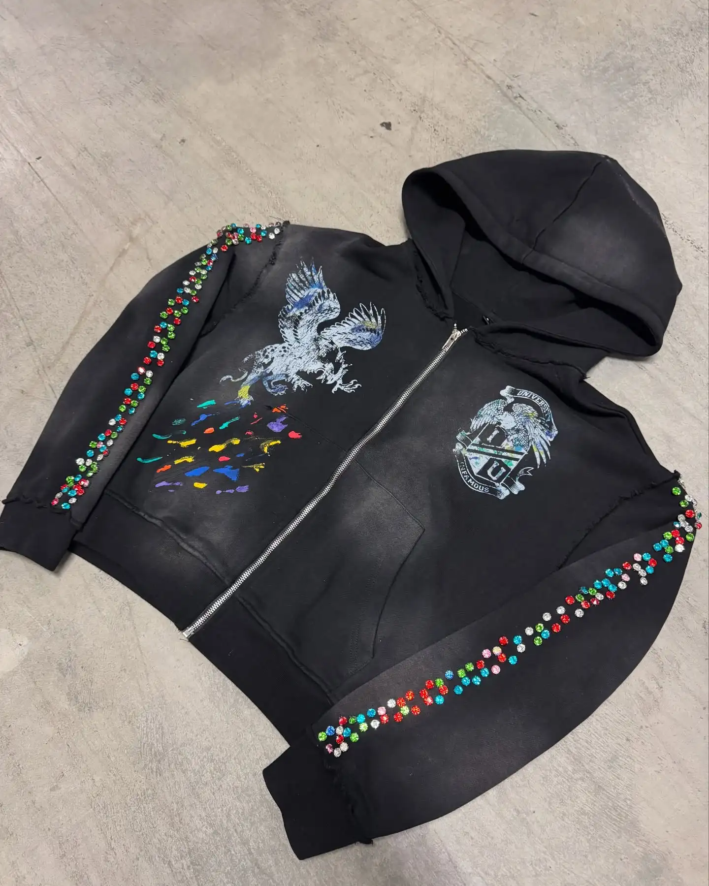 500g DTG Printing Oversized Men's Hoodie with Custom Rivet Zipper and Acid Wash Rhinestones 100% Cotton Breathable Quick Dry gallery 4
