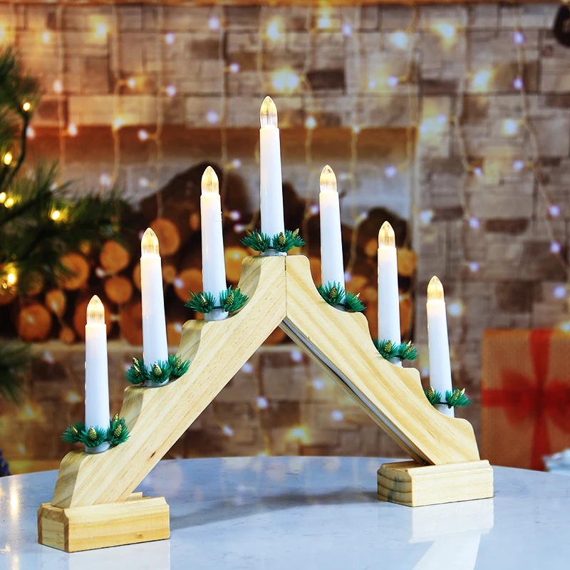 New Design 7L Warm White LED Natural Wooden Candlestick for Home Living Room Decoration
