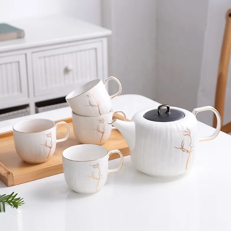 Luxury Creative Design Cup Sets Ceramic Tea Pot And Six Cups Set Gold