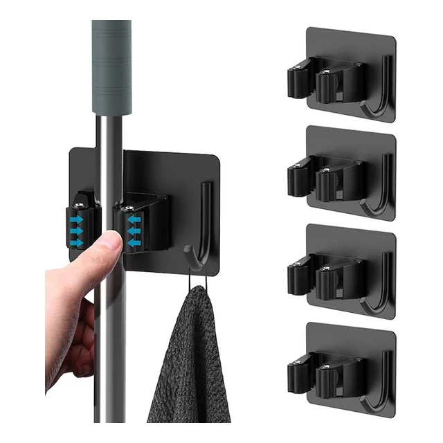 CUSTOM OEM Double Clip Mop Holder Wall Mount Space-Saving Stainless Steel Mop and Broom Holder with Hook Silver