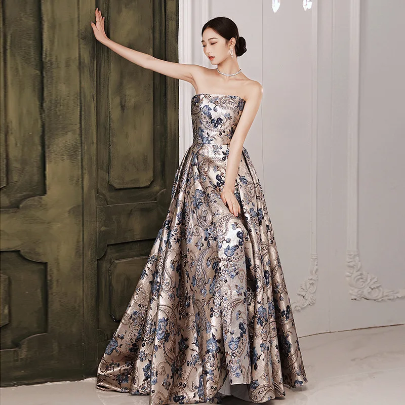 S1715R 2025 New Wedding Style Tube Top Satin Sexy Elegant Heavy Work  Gorgeous Pattern Temperament Evening Dress