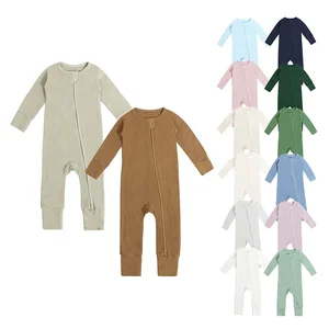 2023 Custom Logo Bamboo Waffle Newborn Kids Clothes Long Sleeve Crew Neck Zipper Knitted Baby Jumpsuit