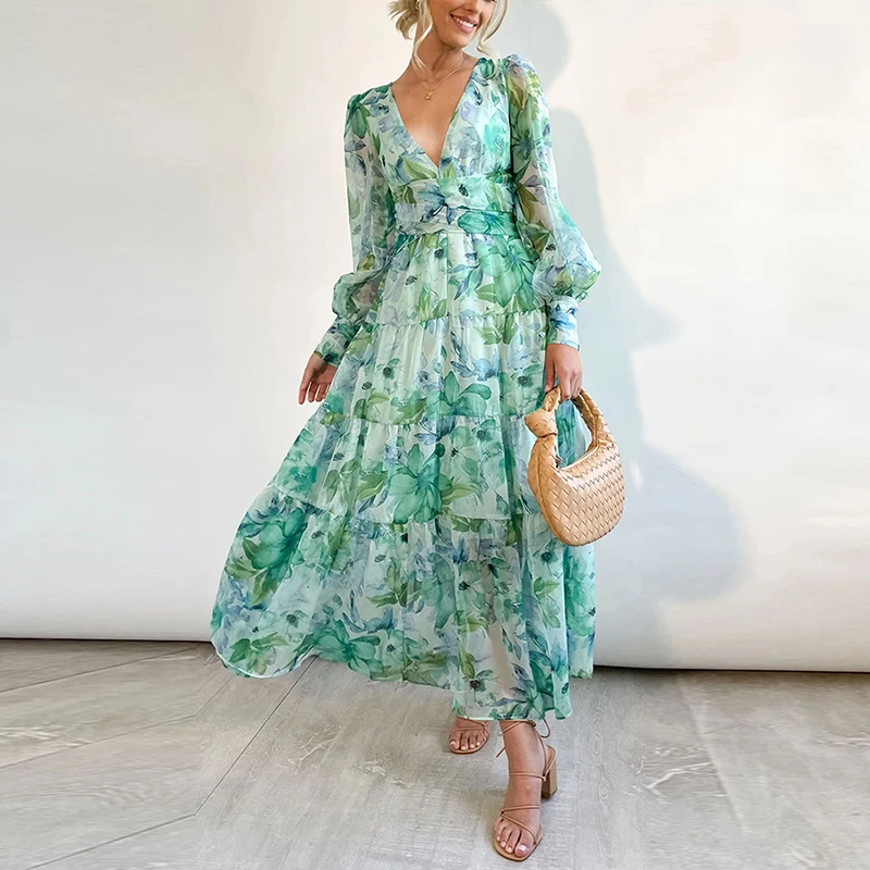 Customized Ladies Casual Floral Print Chiffon Long Dress V-neck With ...