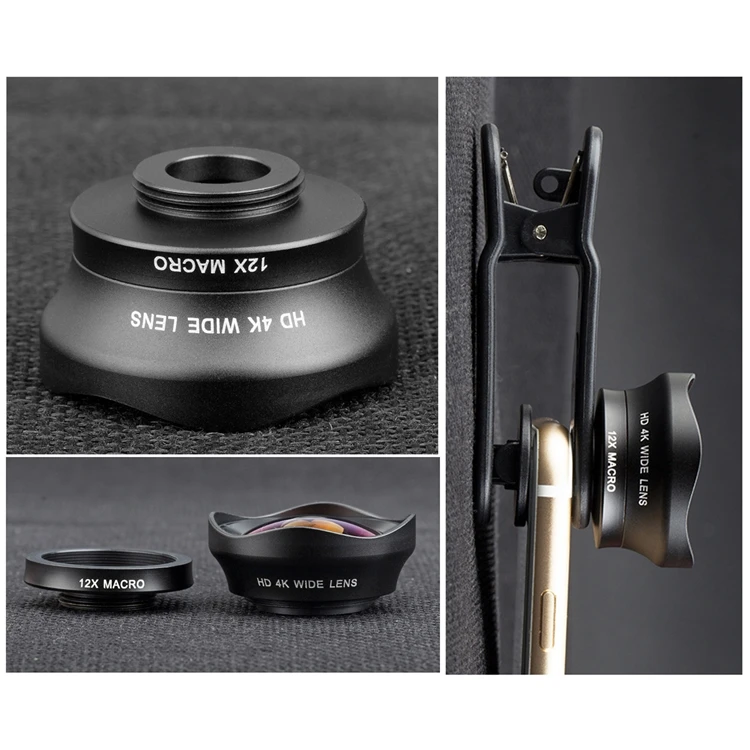 Two in One 16mm Wide Lens + 12X Macro Lens Set Clip-on Phone Camera Lens Add-on Lenses Kit