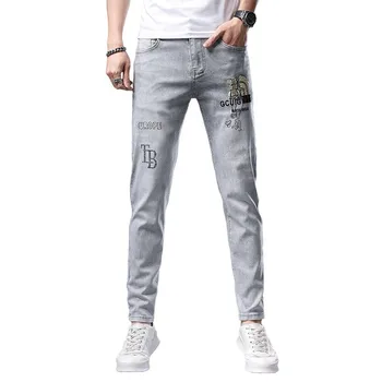 Men's Light Gray Slim Stretch Leggings Embroidered Joker Design Street Fashion Paisley Waterproof Jeans for Spring Parties