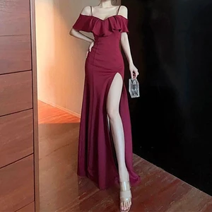 New Sexy Low-cut Tempting Slit Red Long Suspender Dress Backless High-waisted Evening Dress