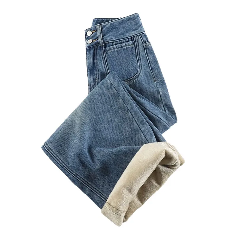 High Waist Wide Leg Denim Jeans Women's Autumn Winter New Style Fleece-lined Thickened Loose Slimming Quick Dry Vintage