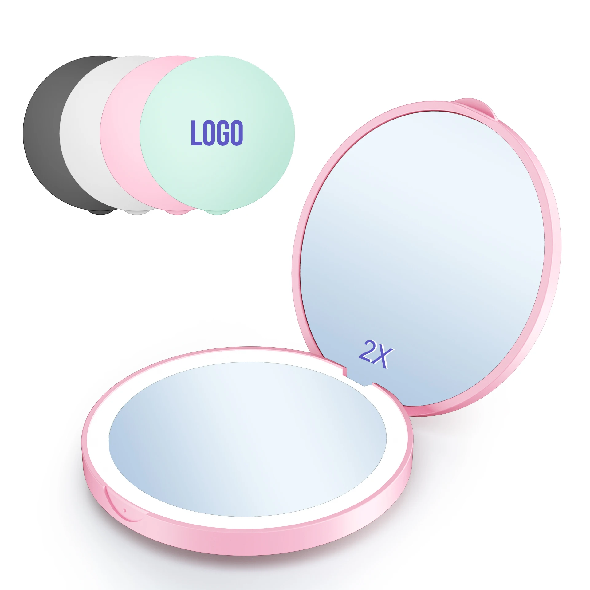 Custom 1X 2X Magnification Pink Cute LED Light Pocket Purse Hand Portable Folding Small Mini Makeup Mirror