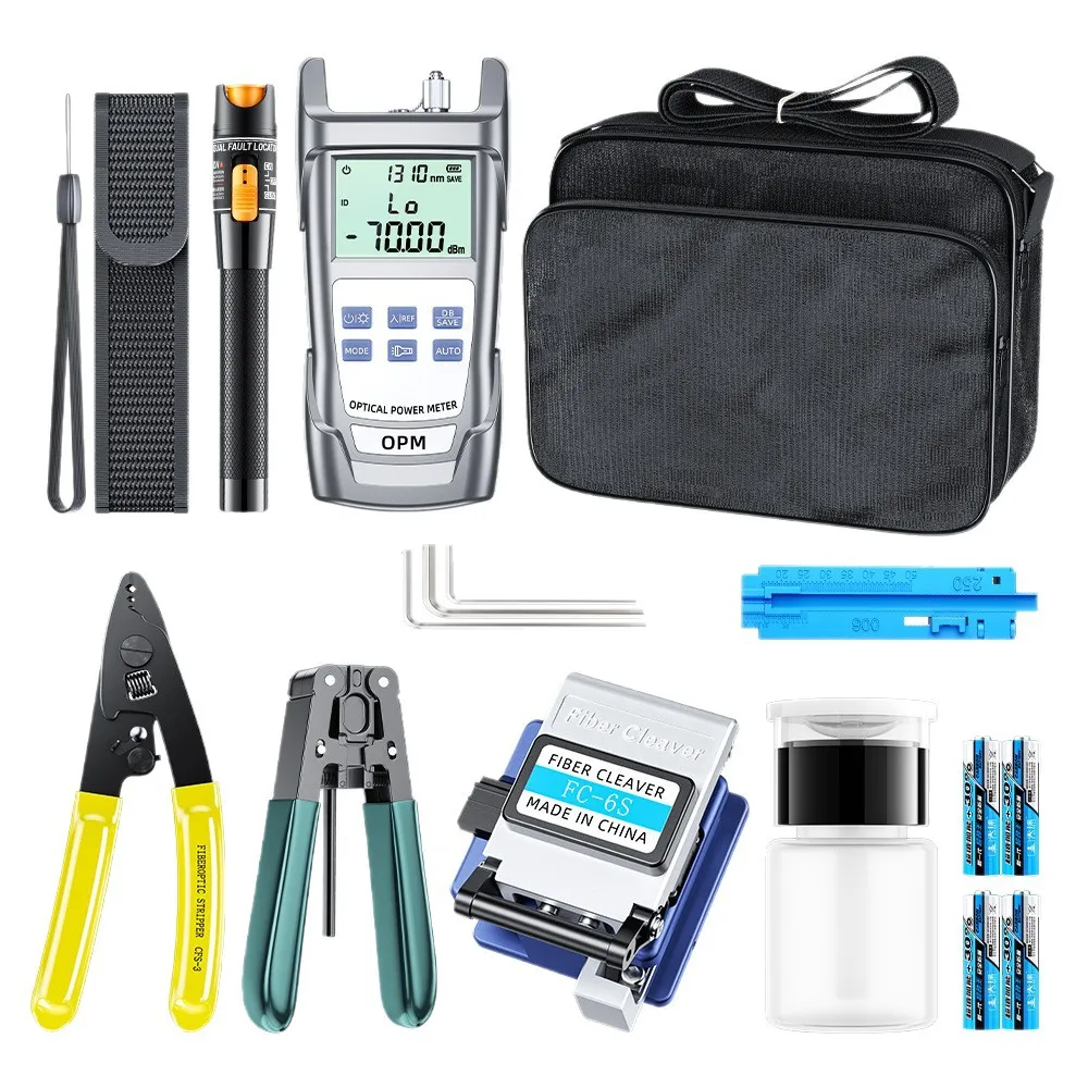 Professional 10-in-1 Fiber Optic Tool Kit with Power Meter 10mW Fault Locator FC-6S Cleaver and Carrying Case