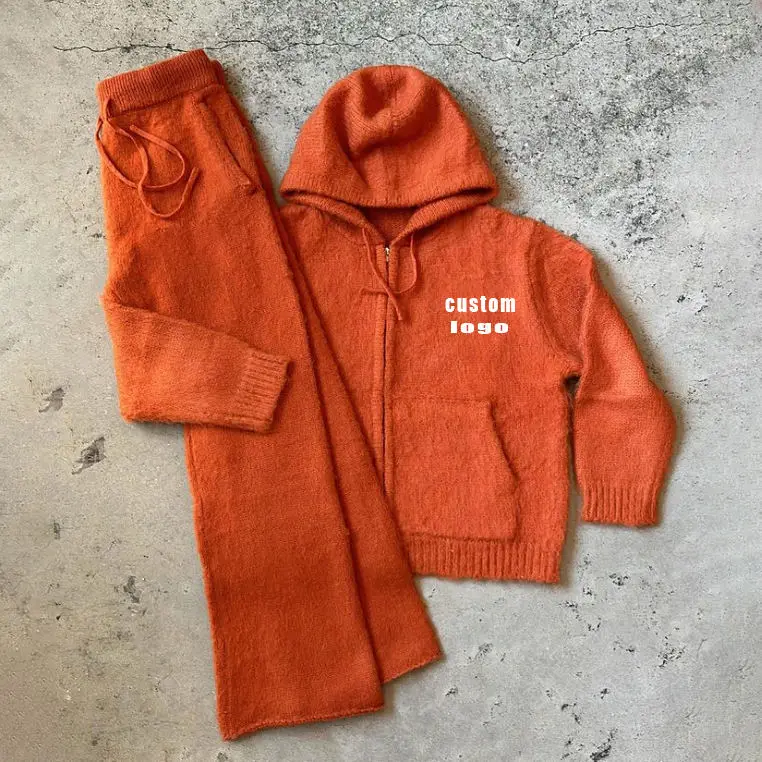 Custom Flared Sweatpants Tracksuit Sweatsuits Unisex Set Oversized Sweat Suit Mohair Zip up Hoodie and Jogger Sweat Pant Set Men