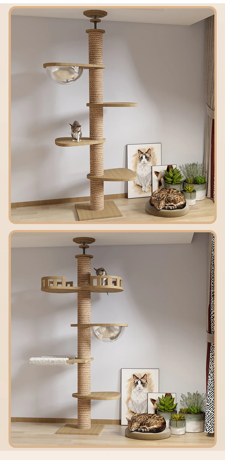 Luxury Wooden Floortoceiling Cat Climbing Scratcher Cat Tree Condo