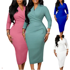 D3356 Fashion African Dresses Women Casual Lady Elegant V-neck 3/4 Sleeve Ruched Pencil Dress Ladies Career Dress for Women