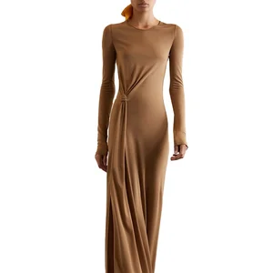 Clothing Manufacturer Custom Spring Autumn Brown Crew Neck Long Sleeve  Elegant Casual Maxi Women Dress 2023
