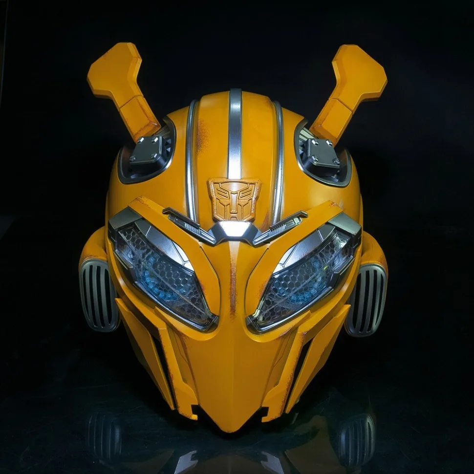bumblebee motorcycle helmet that transforms 1:1 Transformers Wearable Movie Prop Replica the helmet also features LEDs in the eyes and transformation sound effects Skullskins Transformed Yellow Bumblebee Full