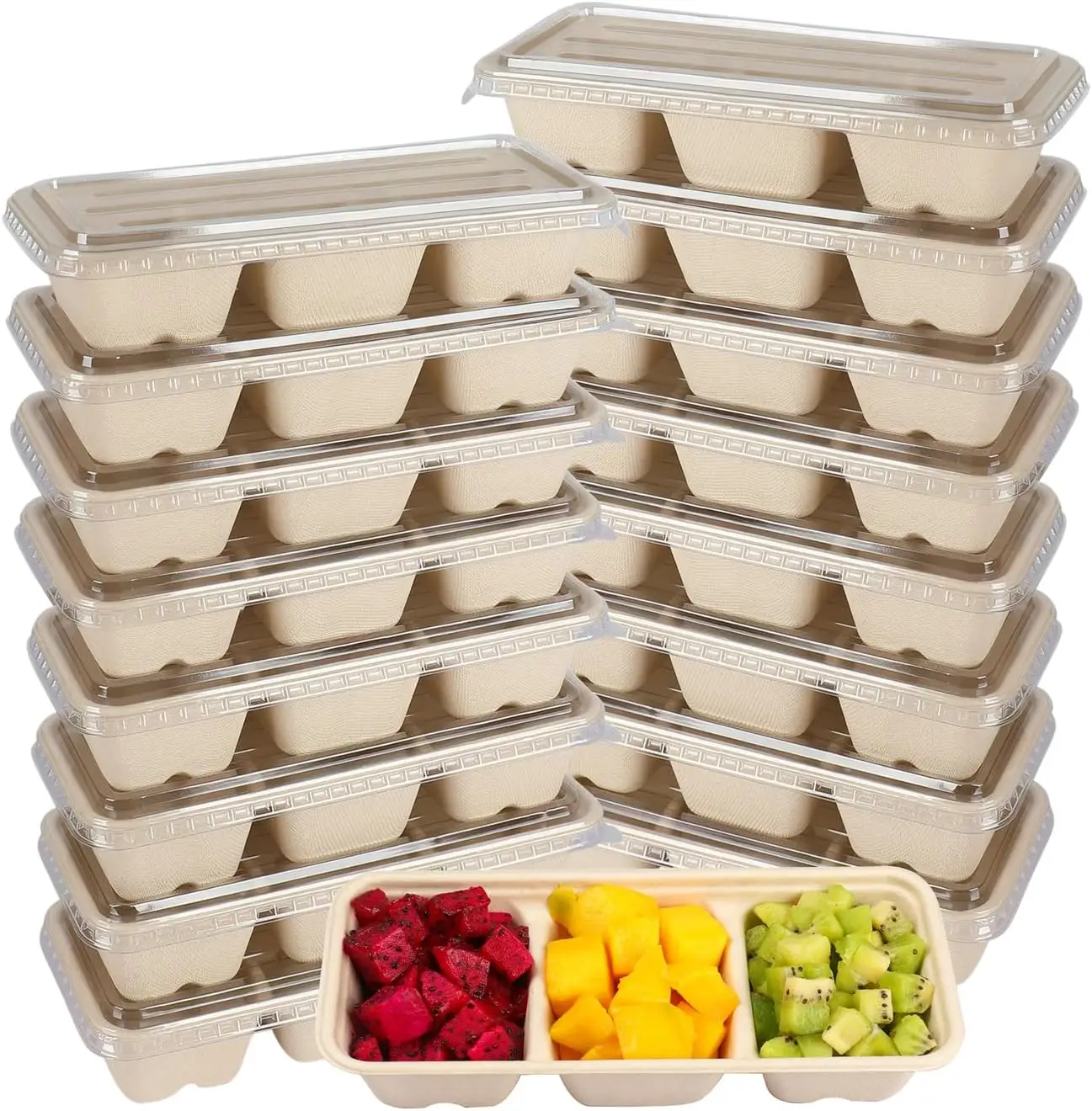 16oz Eco-Friendly Disposable  3 Compartments Bagasse Pulp Container with Clear Lid Take Away Food Containers Paper Boxes Categor