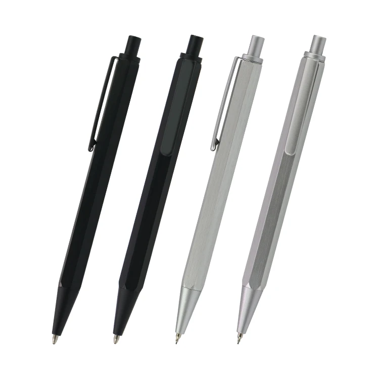 Simple Design Smooth Writing Sliver Grey Metal Hexagonal Pen with Oily Ink