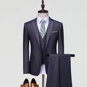 3 Piece Men Suit with a One-button Flat Lapel, Trousers and Vest Suit for a Business Wedding Suit Dress