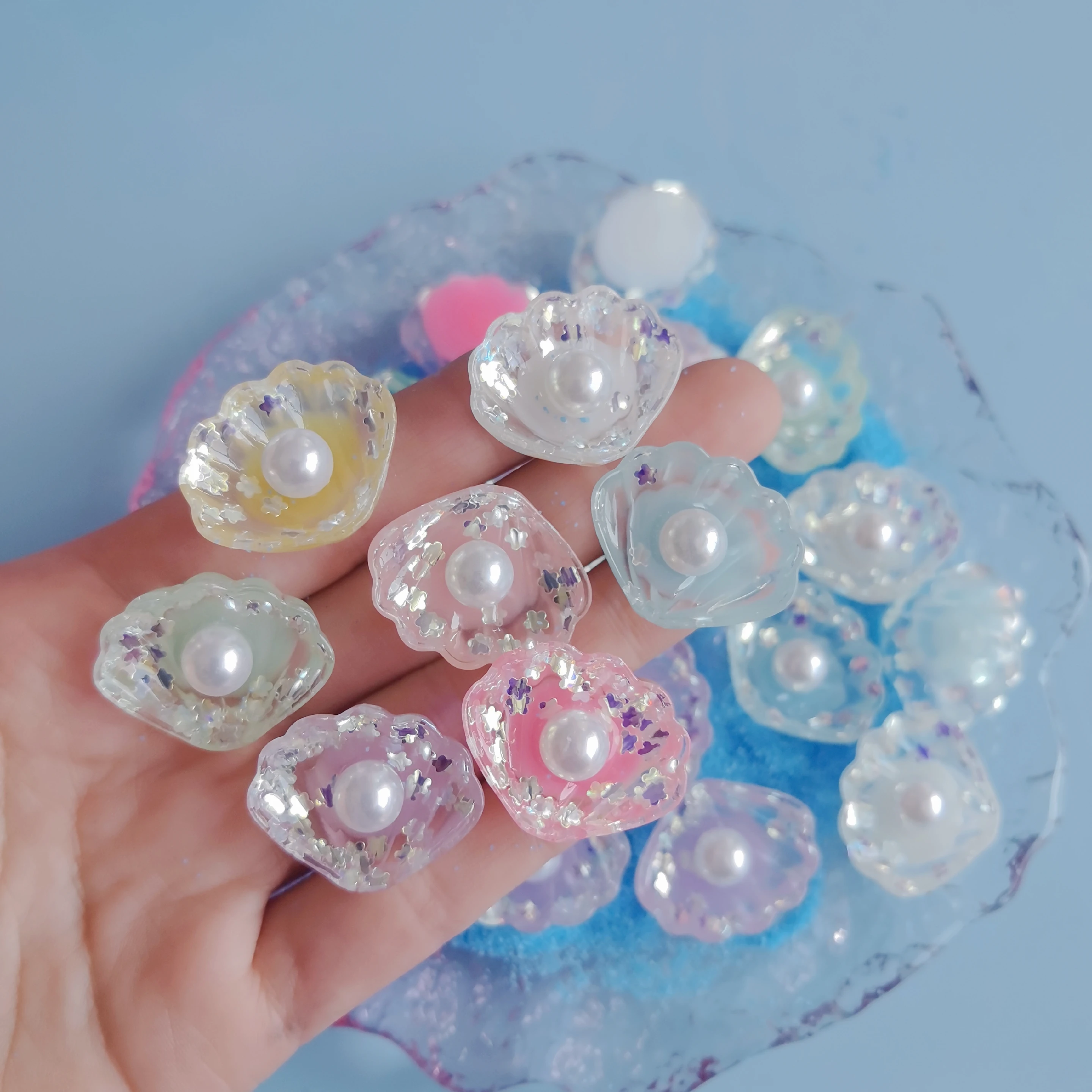 100Pcs Shining Glitter Pearl Shells Flat Back Resin Cabochons Scrapbooking  DIY Hairpin Jewelry Craft Decoration Accessories