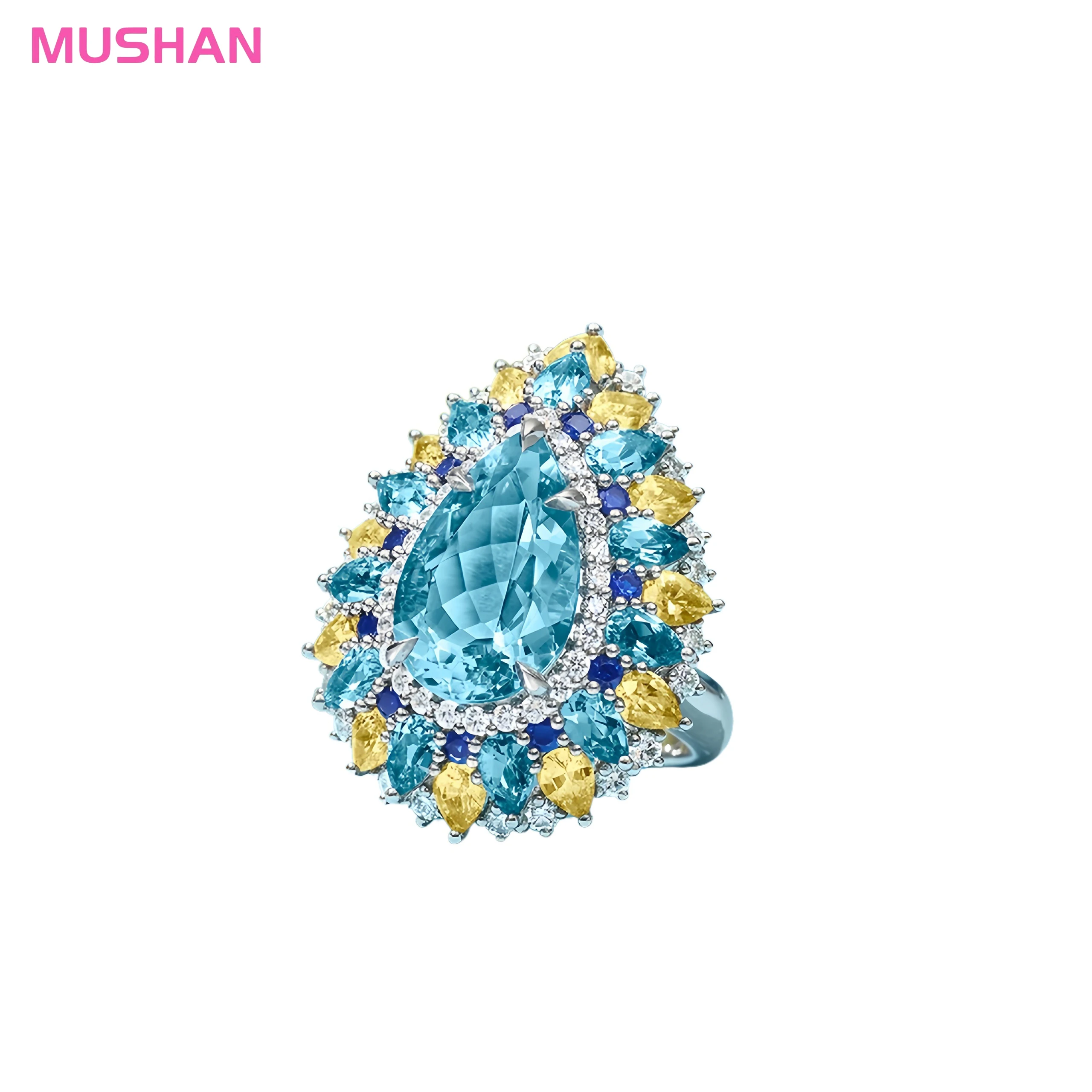 MUSHAN Jewelry Factory Luxury 925 Sterling Silver Rings Sunflower Inlay Blue Teardrop Shape 5A High Carbon Diamond Women Ring