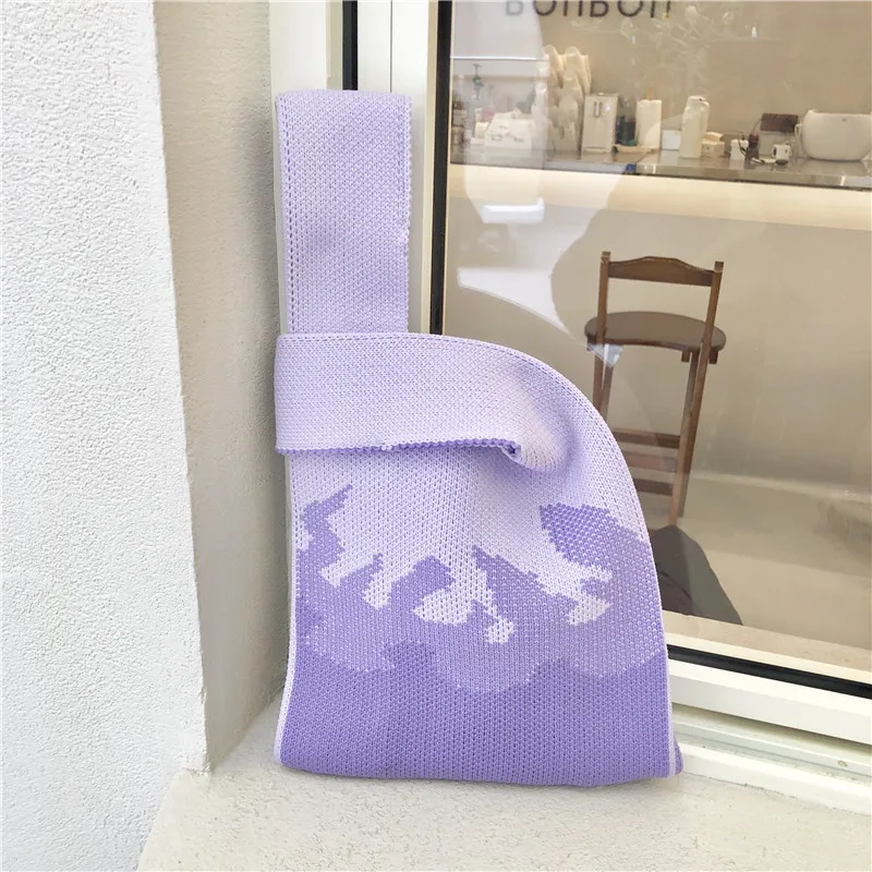 New Arrival Simple Rainbow Colorful Crochet Wave Women Handbag Knitted Shoulder Casual Lady Mini Portable Wrist Knot  Bag