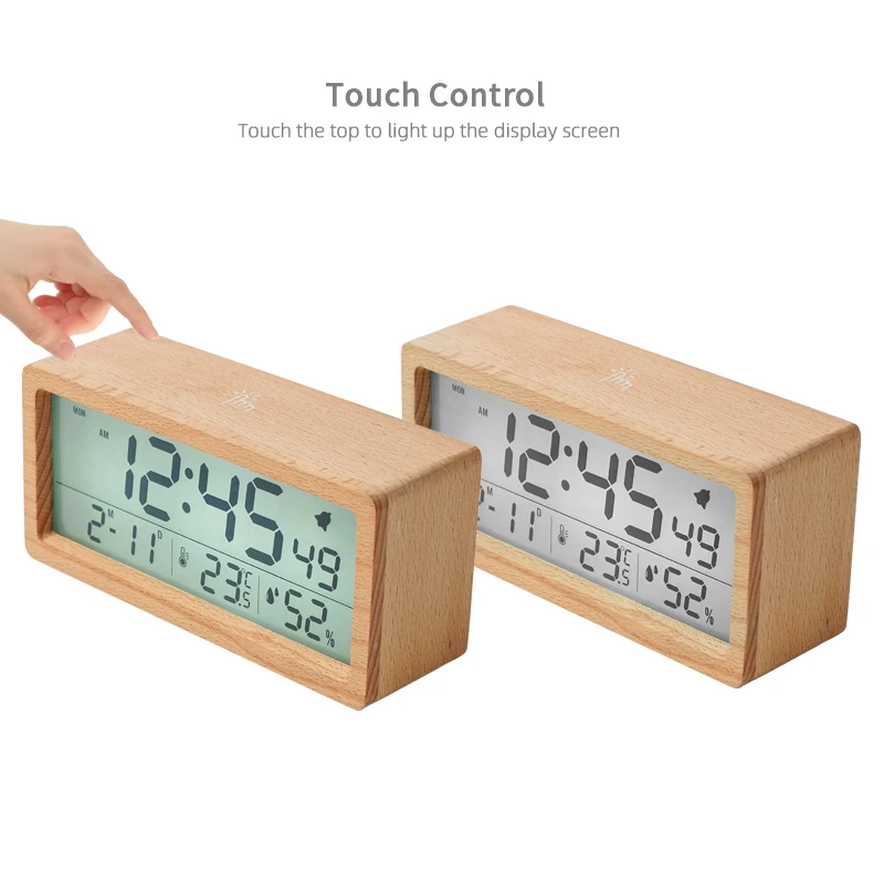 New Wooden Style Beautiful LCD Screen Digital Home Bedroom Calender Temperature Humidity and Snooze Electric Clock