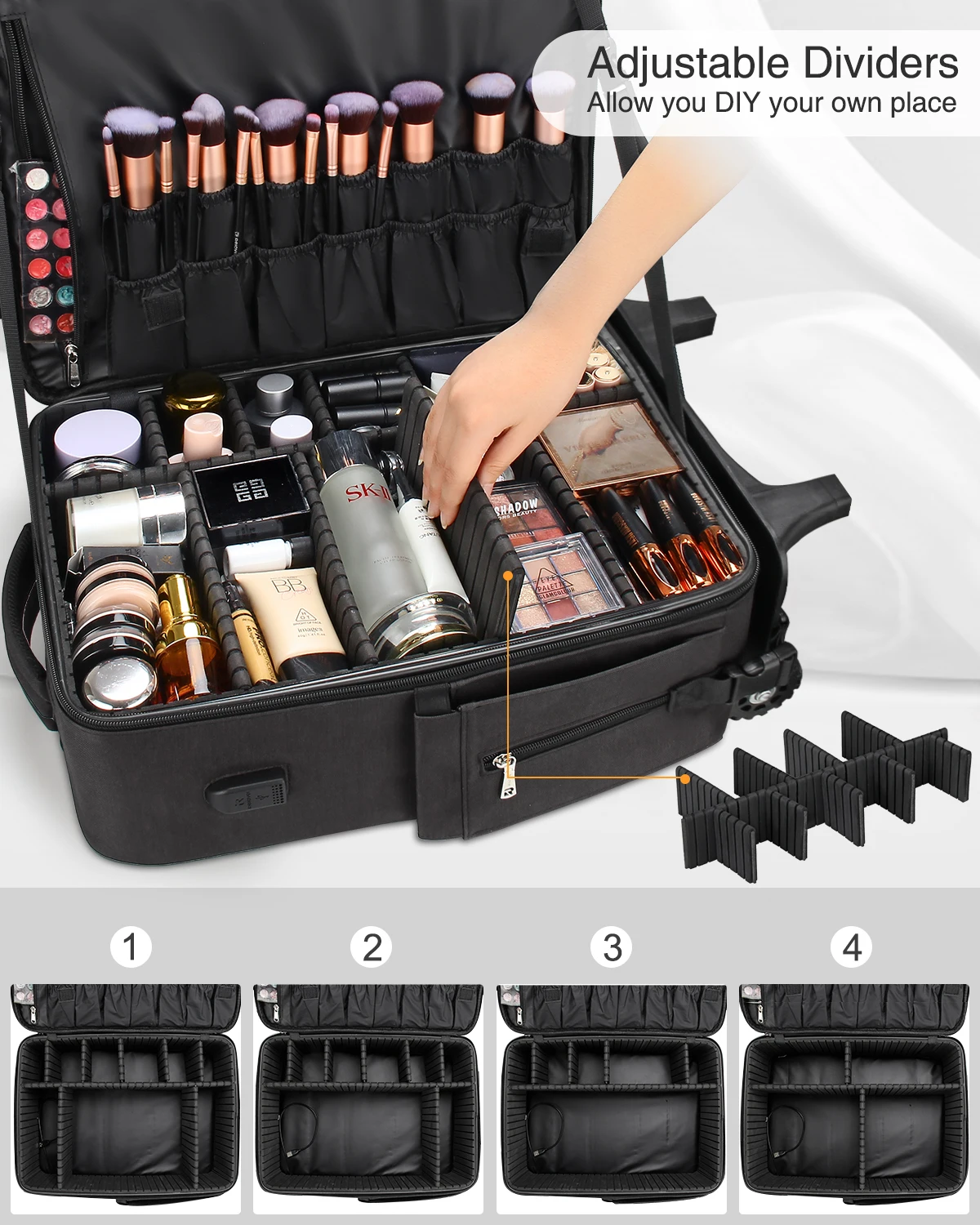 ReIaveI Adjustable Makeup Artist Handcart Hairdresser Backpack USB Rolling Train Case Zipper Closure for Hairstylist Travel Bag
