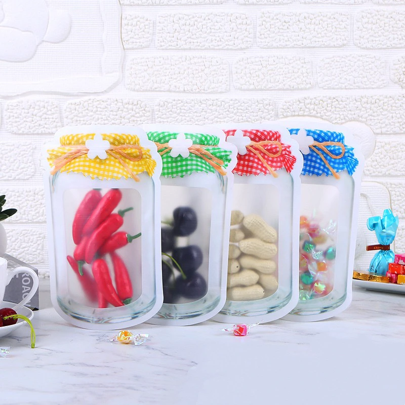Reusable Mason Jar Ziplock Bags Portable Bottle Shape Smell Proof Stand up Zipper Bag Plastic Ziplock Pouch With Matte Window