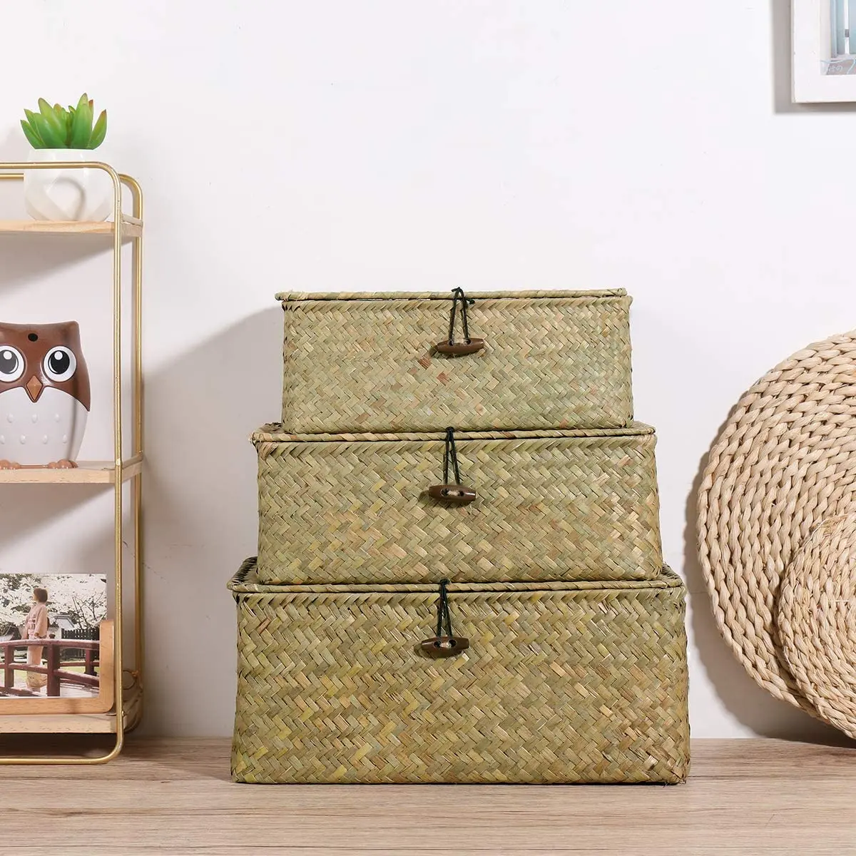 Rattan Storage Box Makeup Organizer Multipurpose Container with Lid Natural sea grass baskets for home