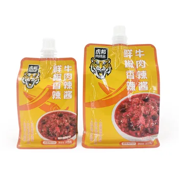 Customised Liquid Juice Drink Sauce Chilli Oil Spout Pouches Flat Bottom Stand Up Food Grade Plastic Packaging Bags