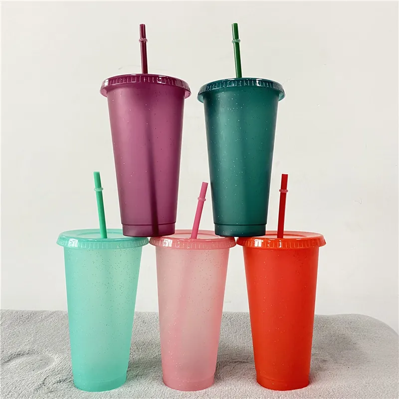 5 Pack Reusable Glitter Water Cups With Straw Lid 480/700ml