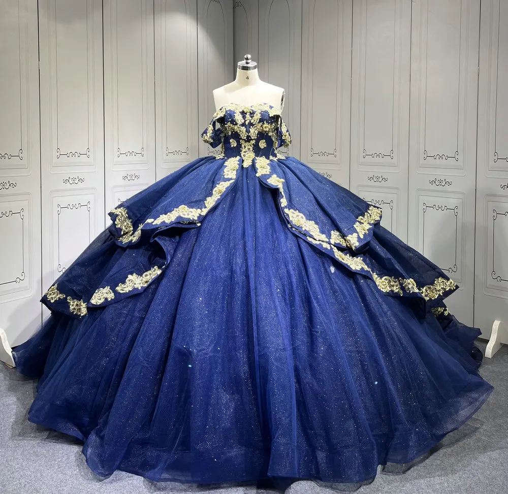 dark blue with gold quince dress Long Quinceanera Dress Floral Applique Ball Gown – The Dress Outlet