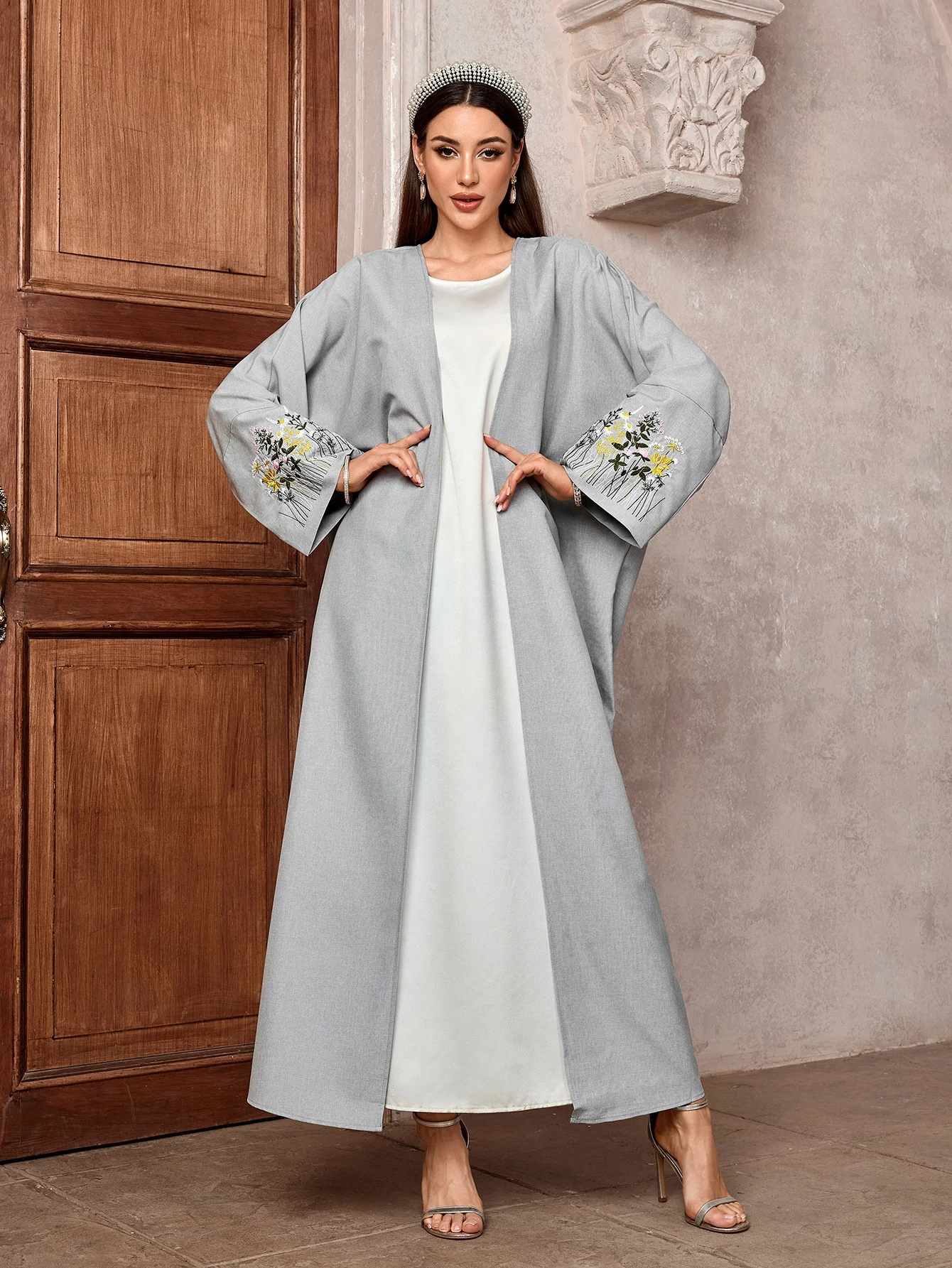 Turkey New Fashion Elegant Linen Abaya Dress Kaftan With Embroidery Sleeves Solid Color Maxi Robe for Women MS073 Turkey New Fashion Elegant Linen Abaya Dress Kaftan With Embroidery Sleeves Solid Color Maxi Robe for Women MS073