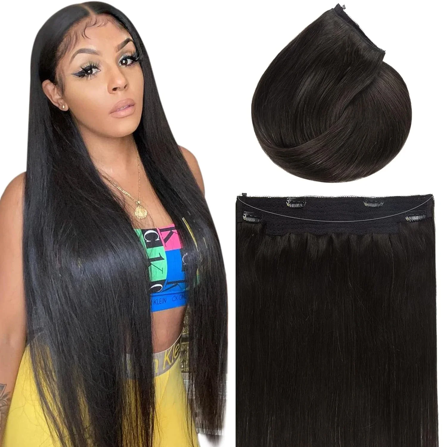Extension per capelli lisci con linea di pesce, 4 clip in parrucca, evidenziazione di extension per capelli naturali, fasci di capelli neri naturali, veri capelli umani_voghion.com